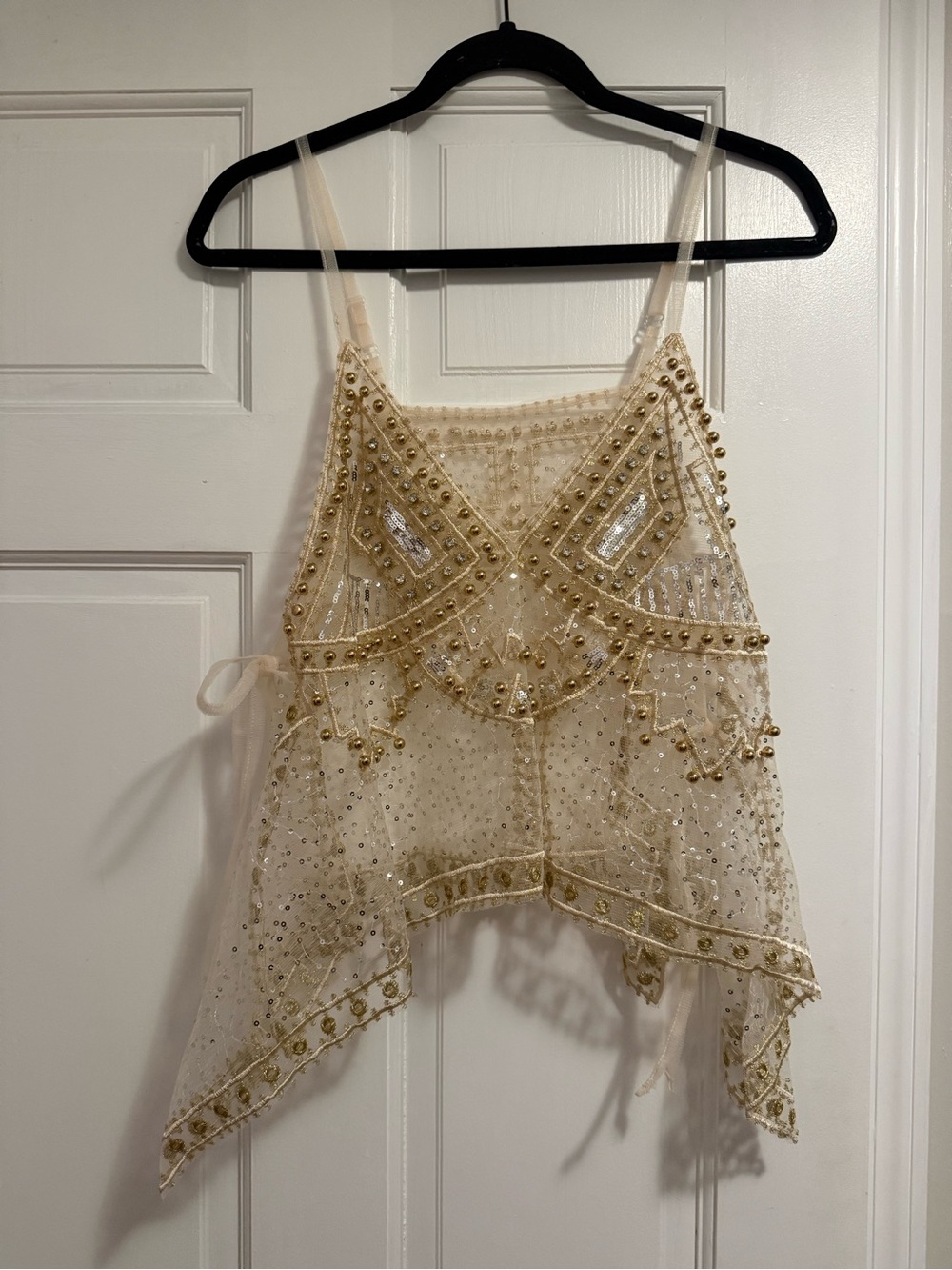 SHEIN Ivory Sheer Hand-Beaded Cami Tank
